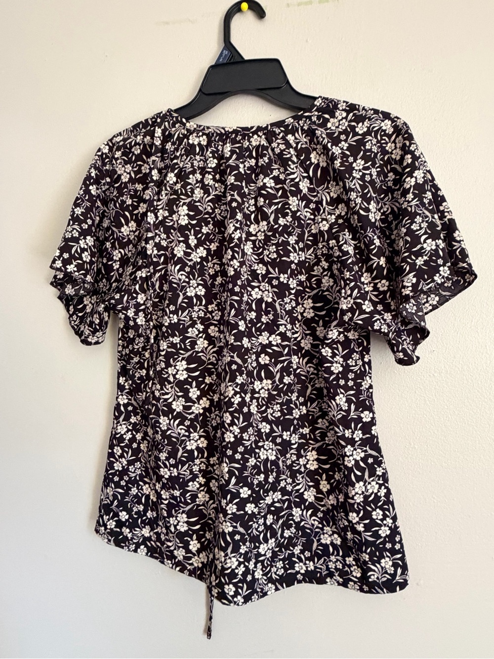 Women's Black Floral Short Sleeve Blouse with Ruffle Sleeves